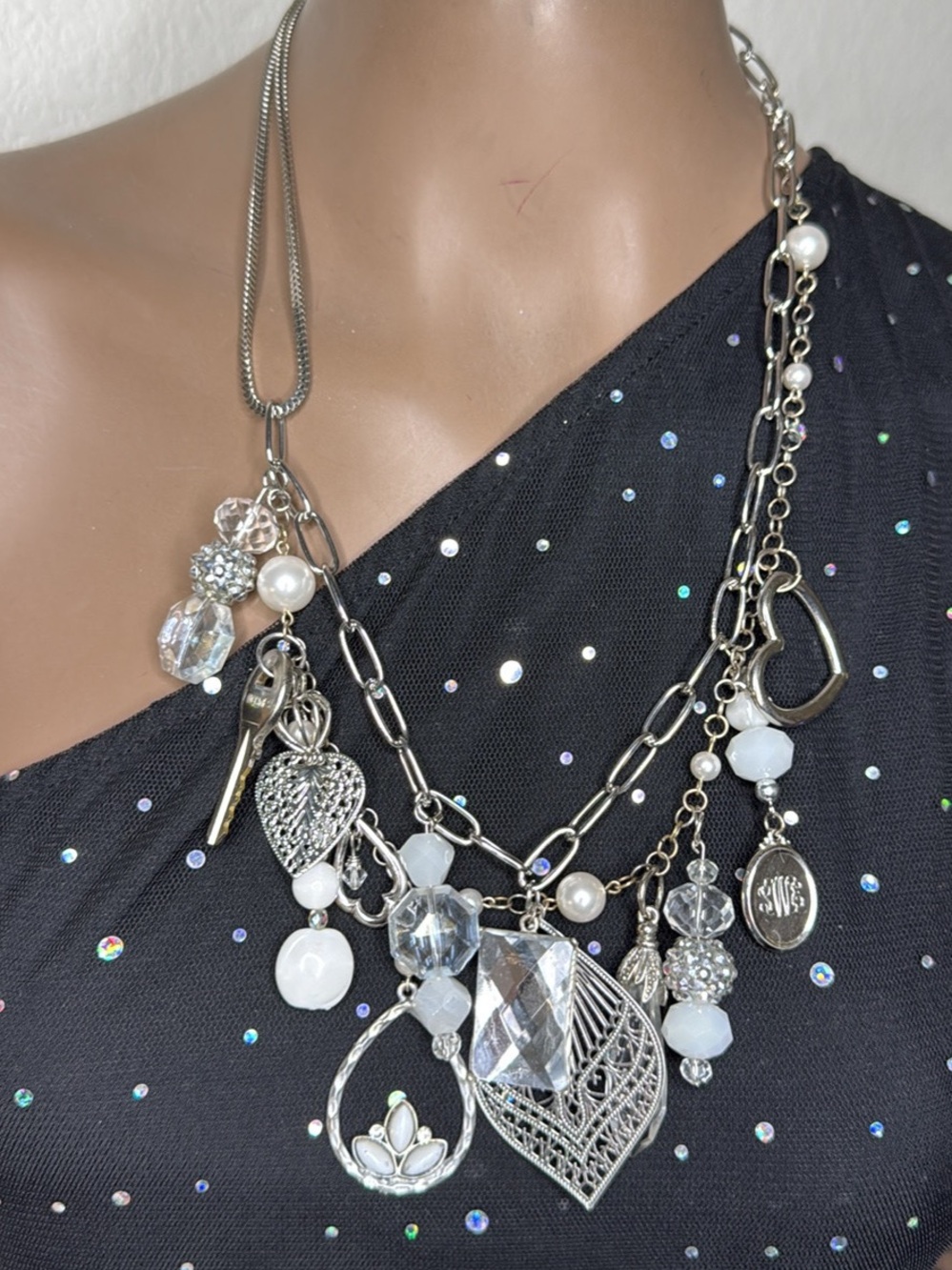Upcycled Silver Tone Multi-Charm Crystal & Pearl Statement Necklace Fun Gift